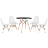 Mesa Redonda Eames 90 Cm Preto + 4 Cadeiras Estofadas Eiffel Botonê Branco Branco