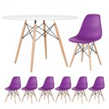 Mesa Redonda 120 Cm Branco + 6 Cadeiras Roxo