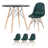 Mesa Redonda Eames 80 Cm Preto + 3 Cadeiras Estofadas Eiffel Botonê Verde Escuro Verde Escuro
