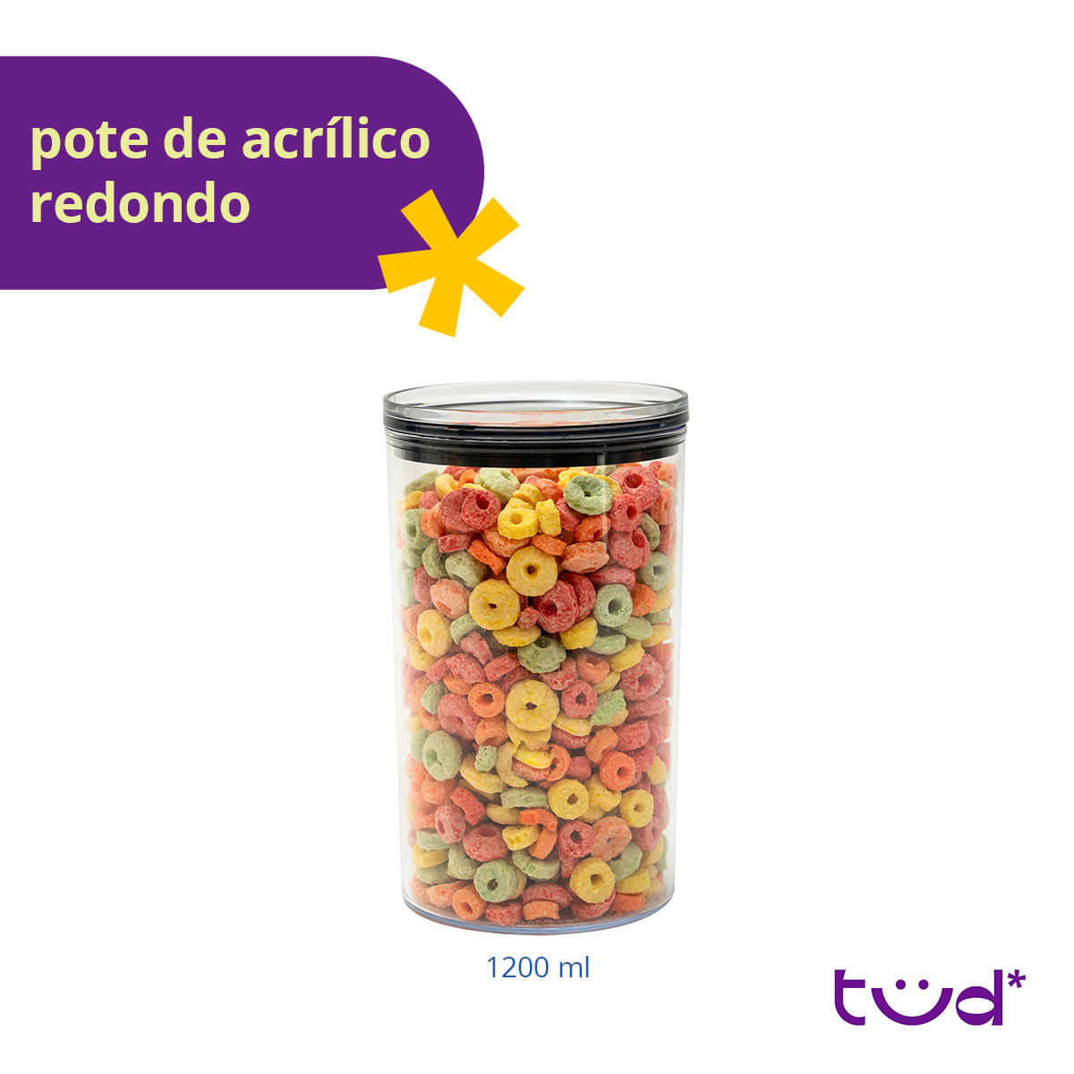 Pote De Acrílico 1,2l Com Tampa Hermético Redondo - Tüd