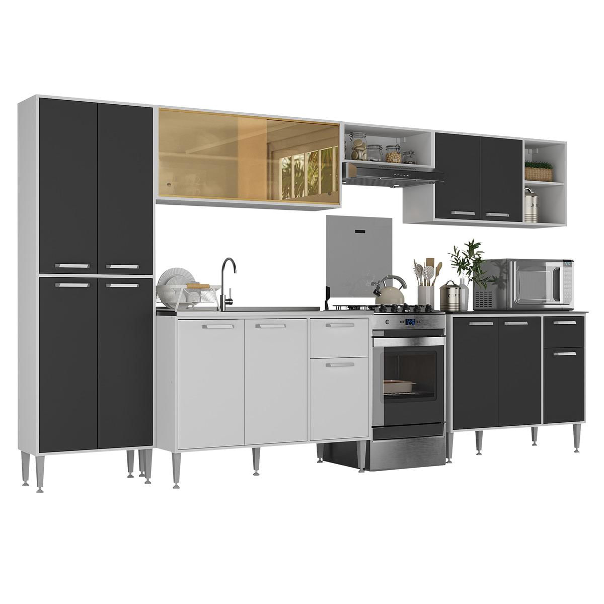 Armário De Cozinha Completa 6 Pçs Com Balcão Gabinete Siena Multimóveis Mp2243 Branco/preto