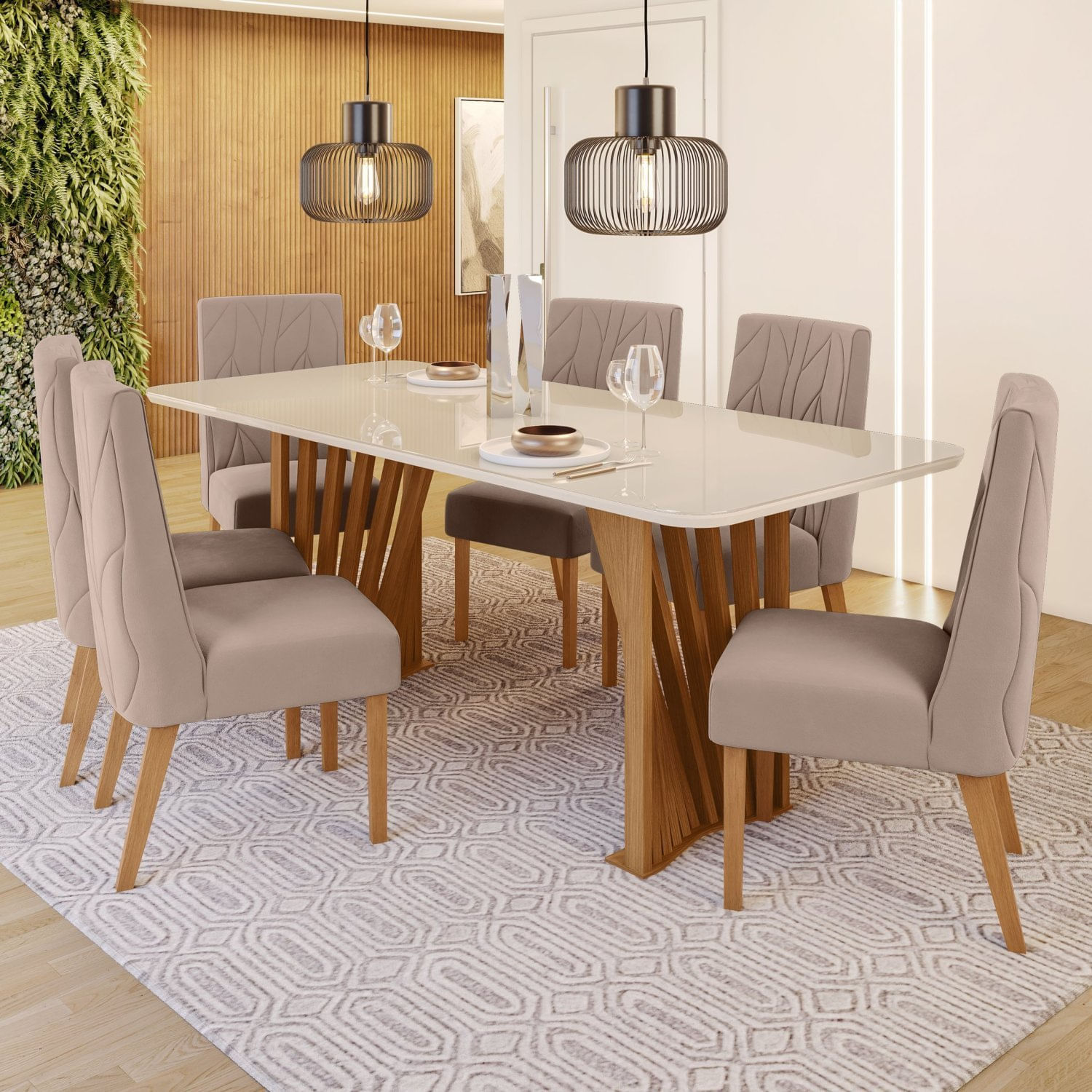 Conjunto Sala De Jantar Mesa Tampo Mdf/vidro Com 6 Cadeiras Joana Nature/off White/marrom Amêndoa