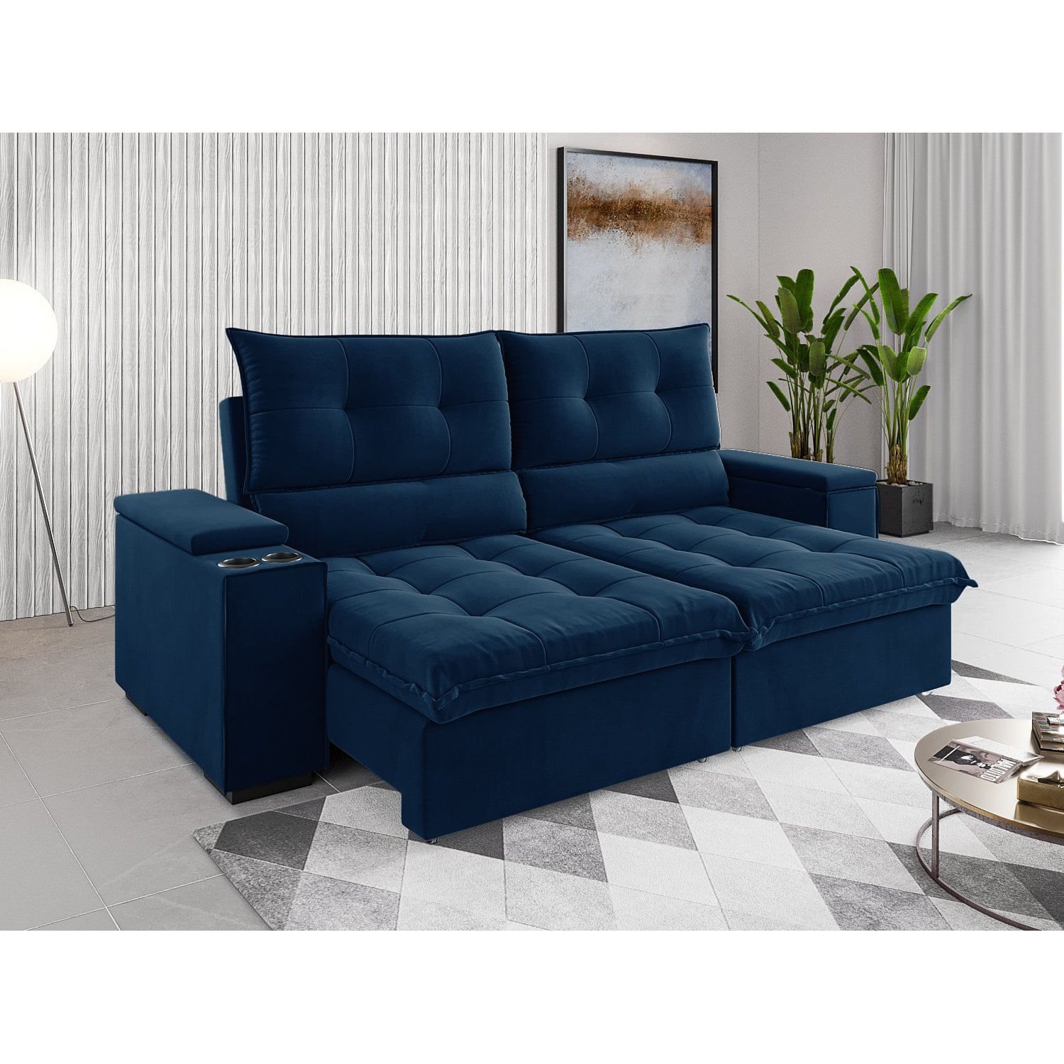 Sofá 4 Lugares Horus Bipartido 230cm Retrátil E Reclinável Com Porta Copos Azul