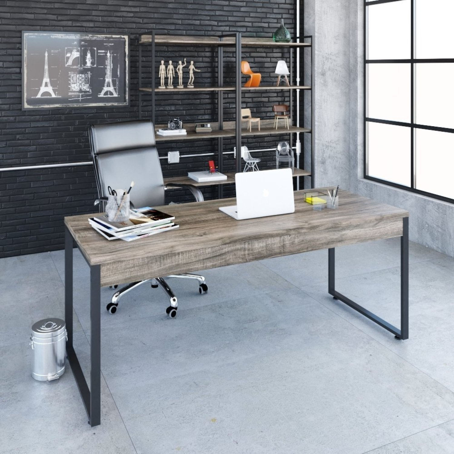 Mesa Para Escritório Diretor Estilo Industrial 180cm Kuadra Compace Carvalho Dark