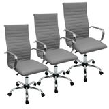 Kit 3 Cadeira Eames Esteirinha Presidente Escritório Alta - Cinza