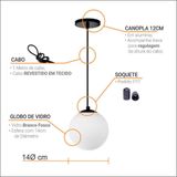 Pendente Globo Esfera De Vidro Branco Fosco 14cm - Preto