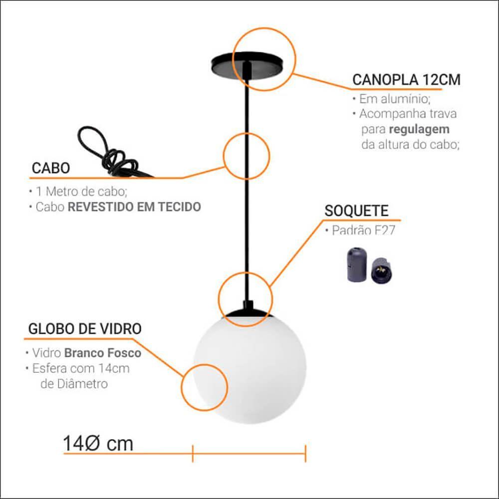 Pendente Globo Esfera De Vidro Branco Fosco 14cm - Preto