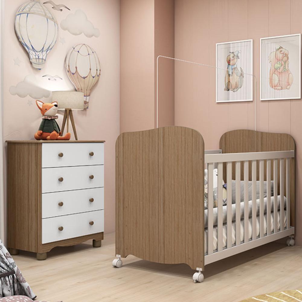 Quarto Infantil Com Berço Americano Uli E Cômoda 4 Gavetas Junior Móveis Peroba Branco/carvalho