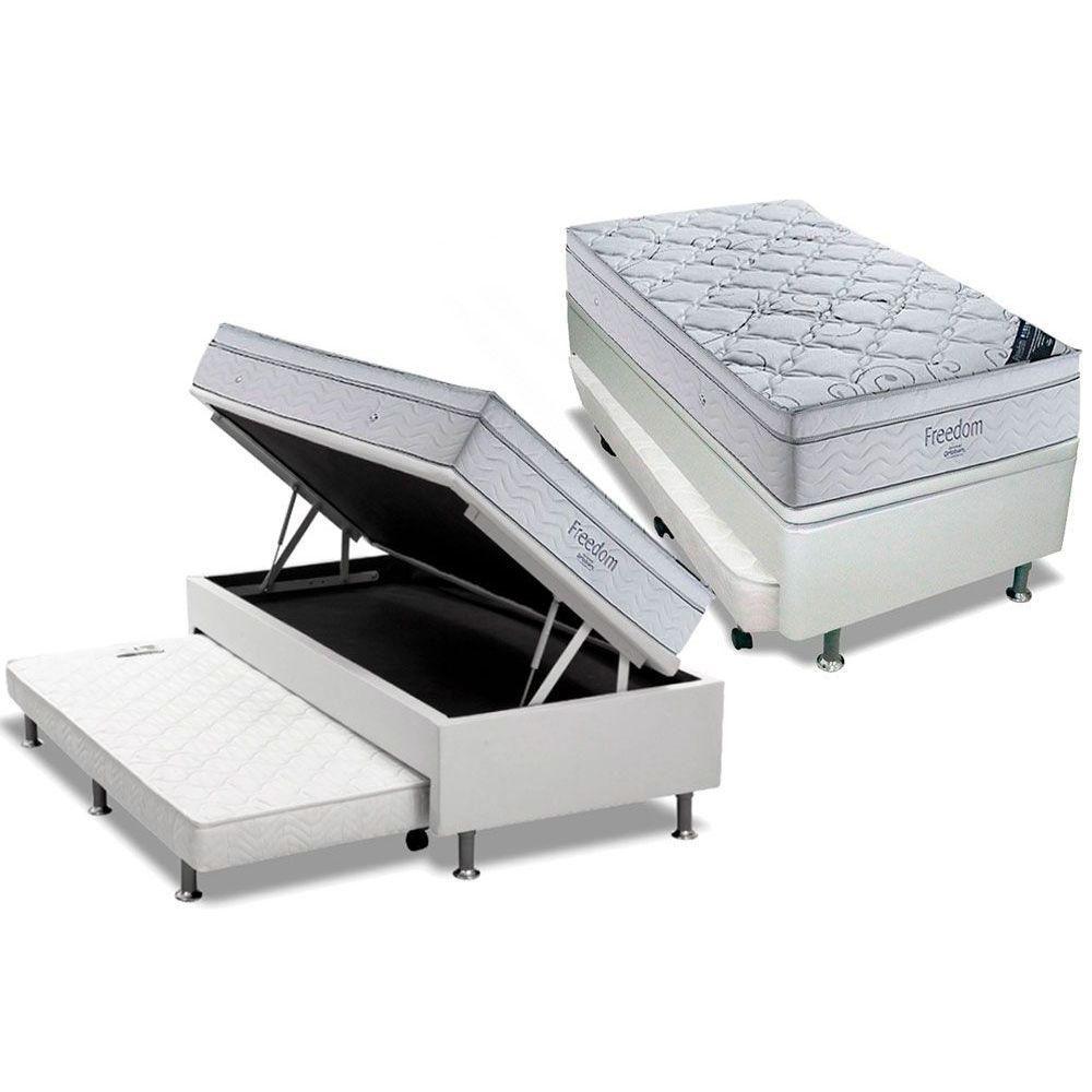 Cama Box Baú C-auxiliar Solteiro: Colchão Molas Ortobom Superpocket Freedom Visco + Base Crc Courano Branco(88x188)