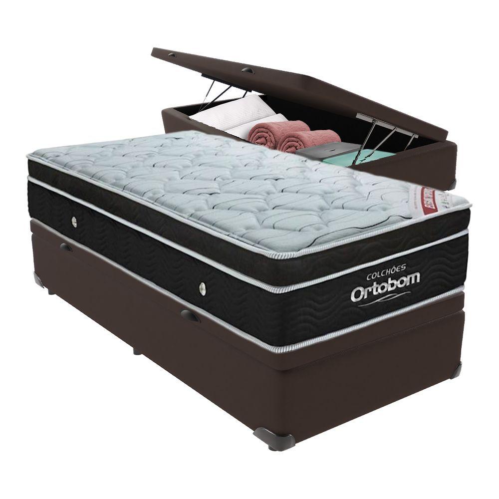 Cama+ Box Com Bau Ortobom Colchão Solteiro Com Molas Ensacadas Cor:marrom