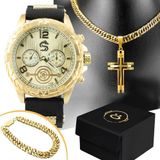Relogio Masculino Banhado Ouro + Cordão + Relogio Masculino Aço Inox Casual Presente Original Social