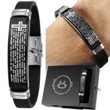 Pulseira Masculina Pai Nosso Preta Placa Aço Inox + Caixa Qualidade Premium Religiosa Silicone