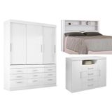 Quarto Casal Completo 3 Peças (1 Guarda Roupa + 1 Cômoda + 1 Cabeceira) Qc28 Branco Santos Andirá