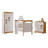 Quarto De Bebê Completo Mila Com Guarda Roupa Berço Com Calchão Cômoda Tigus Baby Branco Amadeirado