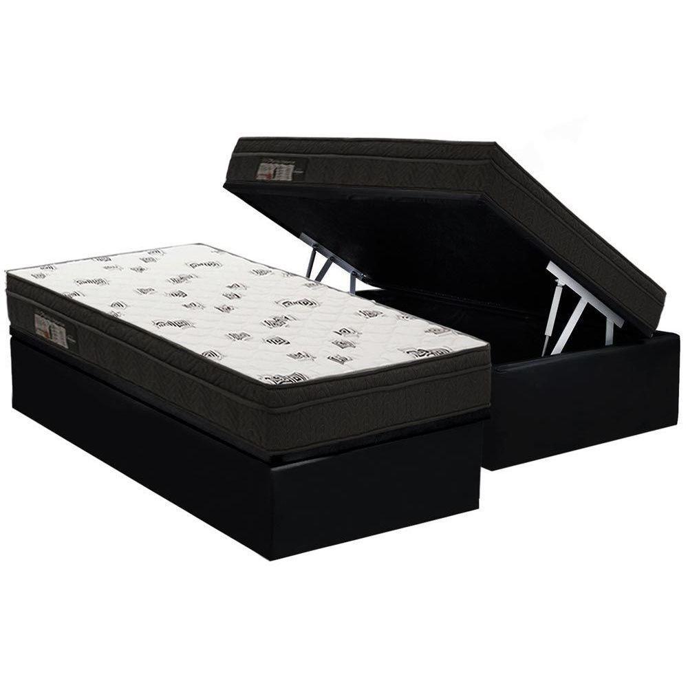 Cama Box Baú Solteiro: Colchão Espuma Ortobom D45 Light + Base Crc Suede Black(88x188)