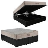 Cama Box Baú King Sintético Bipartido + Colchão Ortobom Molas Ensacadas 193x203x65 Preto