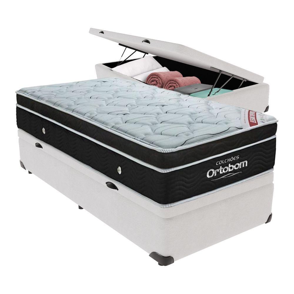 Cama+ Box Com Bau Ortobom Colchão Solteiro Com Molas Ensacadas Cor:branco