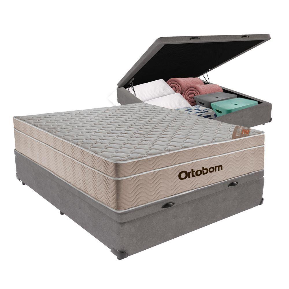 Cama + Box Bau Airtech Colchão Ortobom Viuva Springpocket Cor:cinza