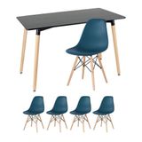 Mesa De Jantar Retangular Eames 60 X 120 Cm Preto + 4 Cadeiras Eiffel Dsw Azul Petróleo