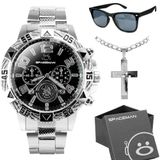 Relogio Masculino Prata + Oculos Proteção Uv + Cordão Social Garnde Analogico Presente Casual Grande
