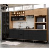 Cozinha Modulada Completa Em Mdf 6 Peças Lombardia Com Portas De Vidro 350cm - Cor Freijó Nero