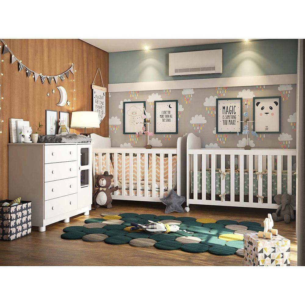 Quarto Infantil 2 Berços Americano E Cômoda Uli Móveis Peroba Branco Brilho Branco Brilho