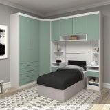 Quarto De Canto Solteiro Com Guarda Roupas E Mesas De Cabeceira Alpes Luciane Móveis Branco Pf Com Verde Pf