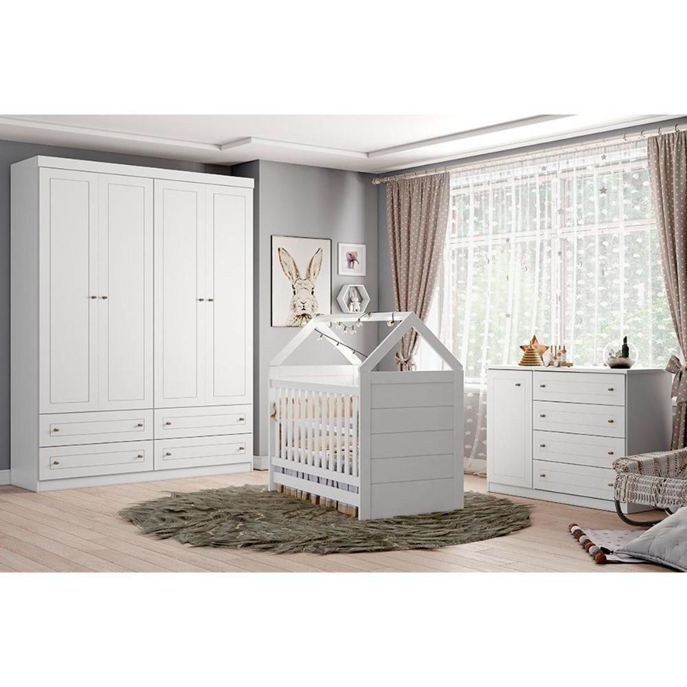 Quarto Infantil Completo Americano 3 Peças (1 Guarda Roupa + 1 Berço + 1 Cômoda) Qi01 Branco Henn