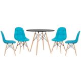 Mesa Redonda Eames 90 Cm Preto + 4 Cadeiras Estofadas Eiffel Botonê Azul Tiffany Azul Tiffany