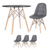 Mesa Redonda Eames 80 Cm Preto + 3 Cadeiras Estofadas Eiffel Botonê Cinza Escuro Cinza Escuro