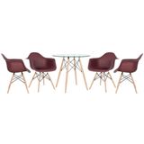 Mesa Redonda Eames Com Tampo De Vidro 80 Cm + 4 Cadeiras Eiffel Daw Marrom