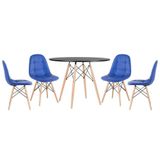 Mesa Redonda Eames 100 Cm Preto + 4 Cadeiras Estofadas Eiffel Botonê Azul Azul