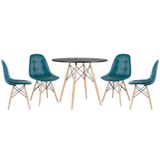 Mesa Redonda Eames 90 Cm Preto + 4 Cadeiras Estofadas Eiffel Botonê Turquesa Turquesa