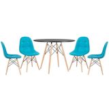 Mesa Redonda Eames 100 Cm Preto + 4 Cadeiras Estofadas Eiffel Botonê Azul Tiffany Azul Tiffany