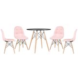 Mesa Redonda Eames 80 Cm Preto + 4 Cadeiras Estofadas Eiffel Botonê Rosa Claro Rosa Claro
