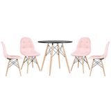 Mesa Redonda Eames 80 Cm Preto + 4 Cadeiras Estofadas Eiffel Botonê Rosa Claro Rosa Claro