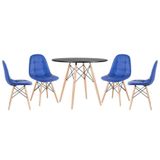 Mesa Redonda Eames 90 Cm Preto + 4 Cadeiras Estofadas Eiffel Botonê Azul Azul