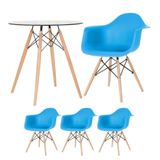 Mesa Redonda Tampo De Vidro 70 Cm + 3 Cadeiras Azul Céu