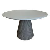 Mesa De Jantar Cone Redonda 140cm Tampo Laqueado Cinza + Vidro Base Corda Náutica Cinza Cor Cinza