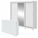 Conjunto De Guarda-roupa 3 Portas 3 Gavetas Saion Plus 1 Porta Glass Com Pés e Cômoda Vedra  Branco