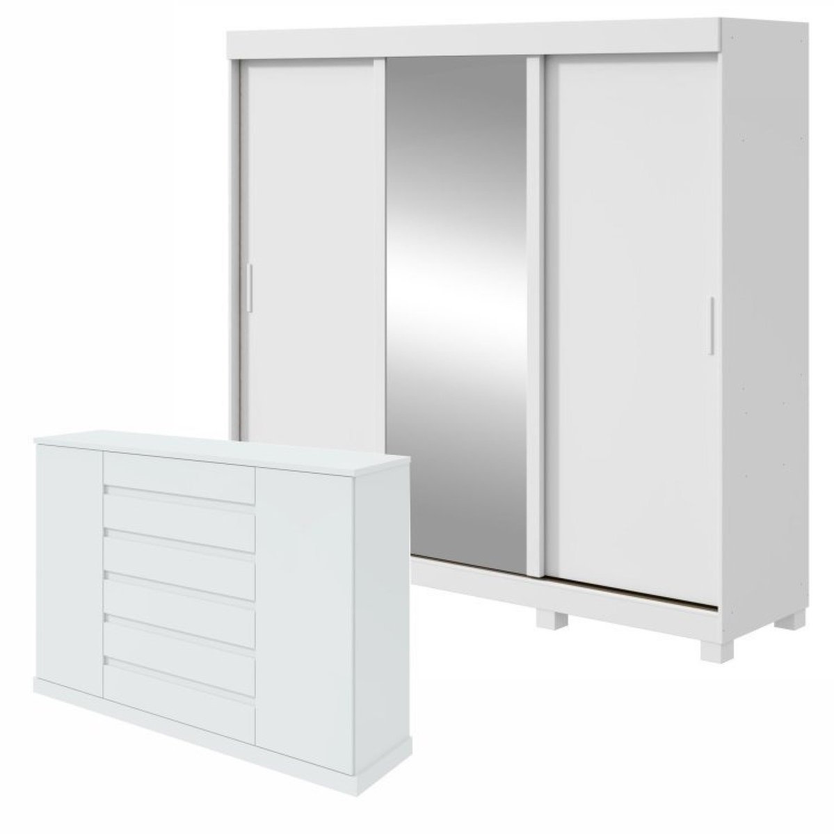 Conjunto De Guarda-roupa 3 Portas 3 Gavetas Saion Plus 1 Porta Glass Com Pés e Cômoda Vedra  Branco