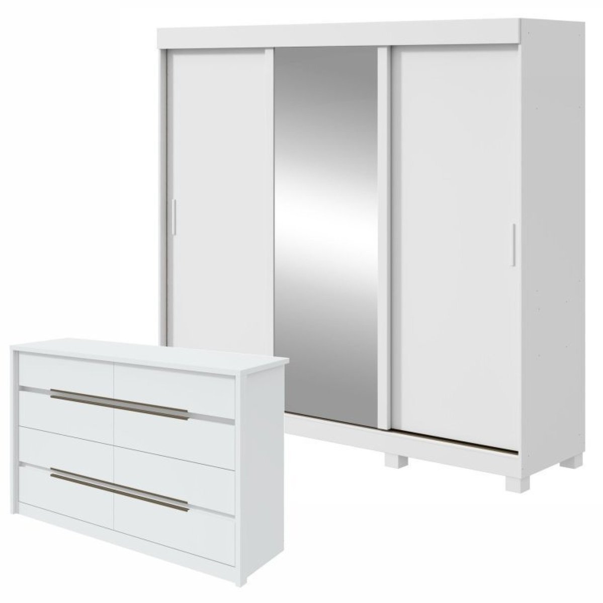 Conjunto De Guarda-roupa 3 Portas 3 Gavetas Saion Plus 1 Porta Glass Com Pés e Cômoda Urban Branco