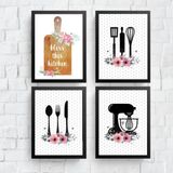 Kit 4 Quadros Cozinha Poá -preto E Rosa 45x34cm - Com Vidro