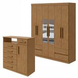 Conjunto De Guarda-roupa 6 Portas 4 Gavetas Zeus Com Espelho e Cômoda Com Nicho Da Vinci Amêndoa Clean