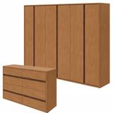 Conjunto De Guarda-roupa Casal Leder 6 Portas e Cômoda 8 Gavetas 150x95cm Leder  Amêndoa Clean