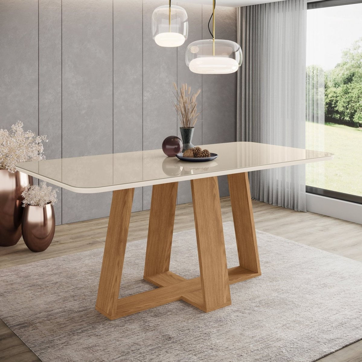 Mesa De Jantar Para 6 Lugares 1,8m Tampo Mdf E Vidro Canto Arredondado Lins Nature/off White