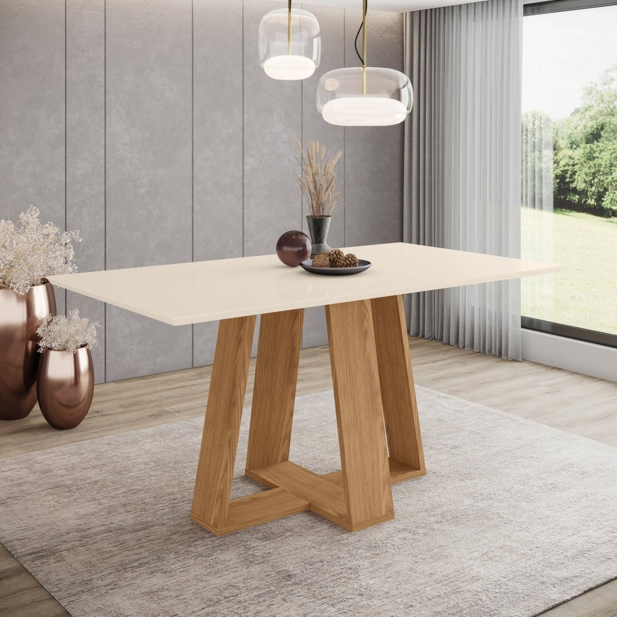 Mesa De Jantar Para 6 Lugares 160cm Tampo Mdf Canto Reto Lins Nature/off White