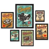 Quadros Decorativos Sala De Cinema - Kit 6 Quadros - Madeira Preta - Vidro - Limpeza