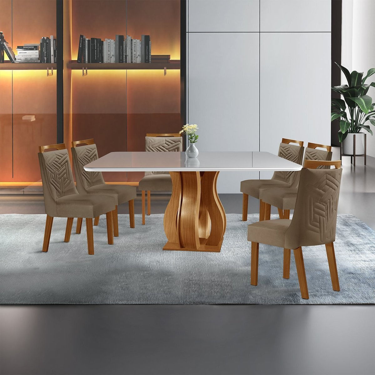 Conjunto Sala De Jantar Mesa Nuance 135cm Quadrada Tampo Vidro/mdp Com 6 Cadeiras Kioto Yescasa Castanho Cinamomo / Capuccino / Off White