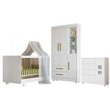 Quarto De Bebê Com Berço Mini Cama, Cômoda 1 Porta 4 Gavetas E Roupeiro Flocos 3 Portas 2 Gavetas Branco